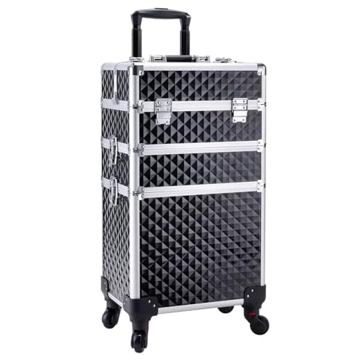 Adazzo 3 in 1 Professional Rolling Makeup Train Case Aluminum Trolley Case with 360° Rotation Wheels for Makuep Artist Cosmetic Suitcase Organizer with Lock and Key Diamond Pattern - Black