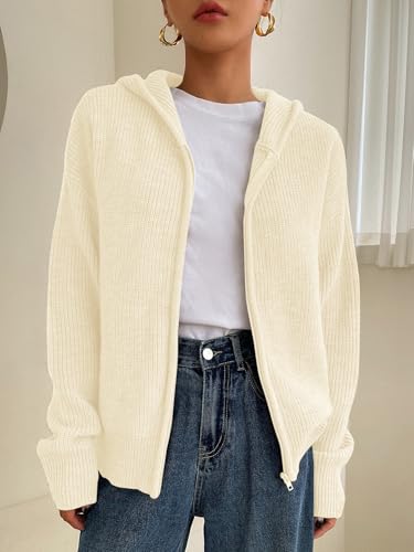 Image of SOLY HUX Zip Up Cardigan for Women Hooded Cardigan Sweater Knitted Drop Shoulder Fall Clothes Winter Hoodies Outerwear
