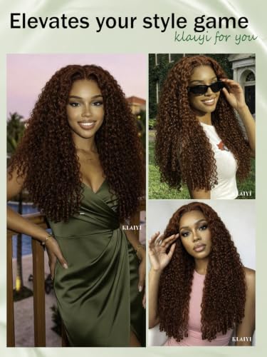 Image of KLAIYI Reddish Brown Burmese Curly Precut 7x5Lace Front Wigs Human Hair 20 inch | Bye Bye Slip Glueless Drawstring Wig Finger Coil Ends Pre Plucked Bleached Knots Pre Everything 30S Ready to Wear and Go Wig