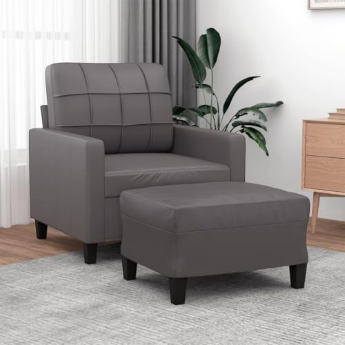 PUGYNBK Fauteuil gris avec tabouret - 60 cm - En cuir synthétique - Canapé de relaxation - Meuble rembourré durable avec structure en métal et repose-pieds...