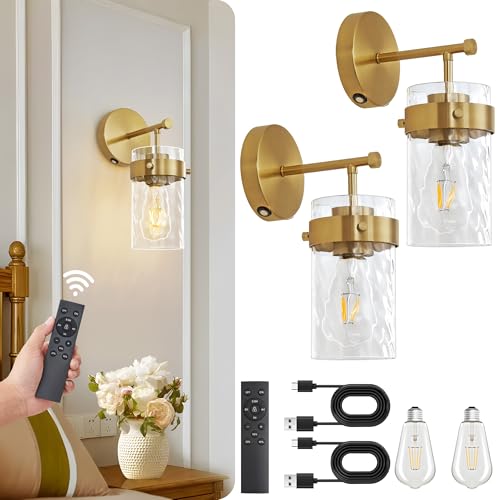 Image of Battery Operated Wall Sconces Set of 2 Gold Rechargeable Wall Light with Dimmable Bulbs and Remote Wireless Wall Lamps with Hammered Glass Lampshade for Bedroom Living Room Hallway(2 Pack)