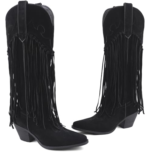 Women's Fringe Cowboy Boots Knee High Pointed Toe Chunky Embroidered Western Tassel Cowgirl Boots4