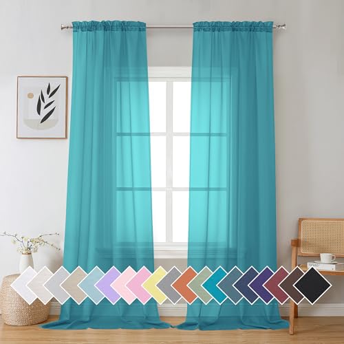 Aiyufeng Turquoise Sheer Curtains 96 Inches Long 2 Panels Set, Light Filtering Soft Airy Voile Rod Pocket Turquoise Sheer Window Drapes for Bedroom Living Room, Each 42Wx96L Inches