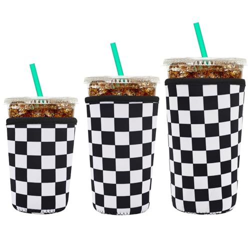 Image of YR Reusable Neoprene Insulator Sleeve for Iced Coffee Cups, 3 Pack Coffee Coolies sleeves for Iced & Hot Drinks, Cold Beverage Cooler Compatible with Starbucks Coffee and More (Checkerboard Pattern)