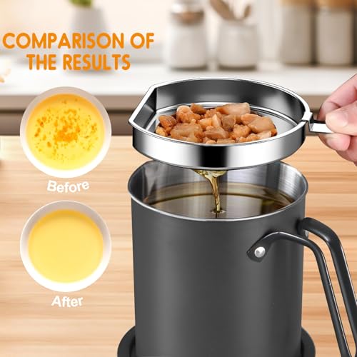 Image of Chihee Grease Container Stainless Steel 2L / 67.6 fl oz Fine Mesh Strainer | Easy to Clean Large Spout Bacon Grease Saver Cooking Oil Keeper Stoarge Can with Dust-proof Lid Non-slip Tray Kitchen Frying