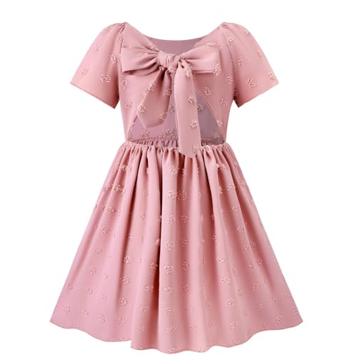 Image of HILEELANG Girls Summer Dress Bow Tie Back A-Line Party Dress for Little Big Girls Short Sleeve Dress with Lining 6-12 Years