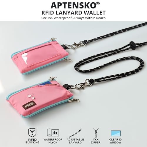 Image of RFID Blocking Travel Wallet with Adjustable Lanyard, Small Nylon Zipper Pouch and Badge Holder for ID, Credit Cards, Cash, Keys, Commuters (Pink)