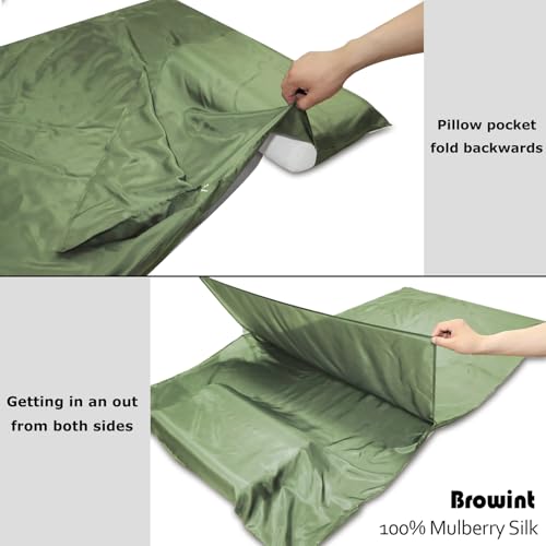 Image of Browint Silk Sleeping Bag Liner, Silk Sleep Sheet, Sack, Extra Wide 87 inchx43 inch, Lightweight Travel and Camping Sheet for Hotel, More Colors for Option, Reinforced Gussets, Pillow Pocket
