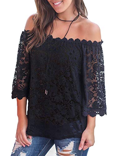 MIHOLL Women's Lace Off Shoulder Tops Casual Loose Blouse Shirts3