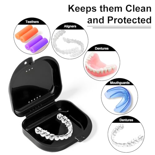 Image of Zibuyu Black Dental Orthodontic Teeth Aligner Case, Slim Denture Box | Vent Holes, Retainer Case Mouth Guard Storage Container for Home Office Travel, Durable Portable Hygienic Design