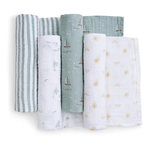 Image of aden + anais Boutique Organic Swaddle Blanket 4-Pack - 100% Organic Cotton Muslin, Large, Soft, Breathable Receiving Blankets for Infants - Lightweight Multi-Use Baby Swaddles, Sailing Seas