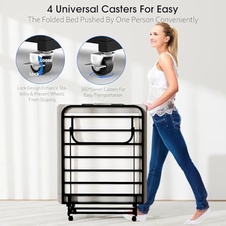 Fabulis Folding Bed with Mattress, Portable Foldable Bed for Adults, Roll Away Guest on Wheels, Memory Foam Mattress and Metal Frame, Space Saving Fold Up for Easy Storage, 75 x 31