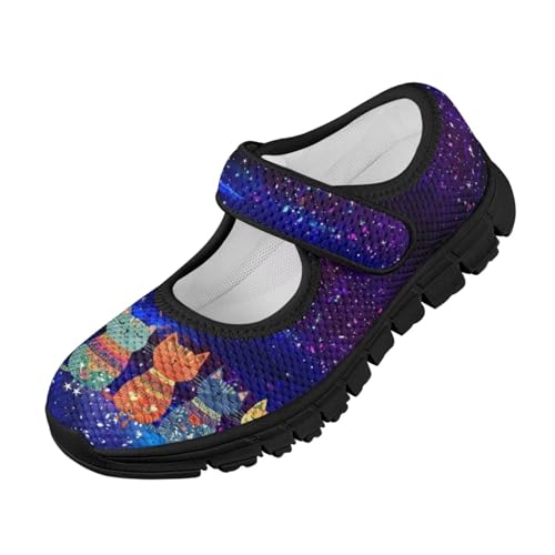 Forchrinse Blue Galaxy Cat Print Toddler Girls Mary Jane Flats,Breathable Slip on Comfort Platform Mary Jane for Kids Dress Walking Shoes4