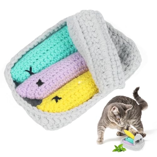Obrlinaye Halloween Crochet Catnip Toys Sardine Fish Tin Cat Toy, Halloween Cat Toy Yarn Fish for Cats Safe Teeth Cleaning Toy for Indoor Exercise, Interactive Cat Kicker Kitty Gifts for Cat Lover