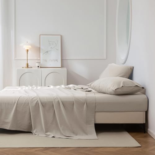 JIYUAN Twin Size Sheet Set, 3-Piece - 100% Washed Cotton, Linen-Like Soft & Breathable, Includes Deep Pocket Fitted & Flat Sheet with 1 Pillowcases, Hotel Quality, Heathered Cream Grey — view 5