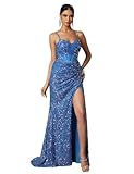 Mermaid Evening Gowns for Women Formal Sparkly Sequin Prom Dresses with Slit Beaded Homecoming Dresses Long 2024 Blue US16W