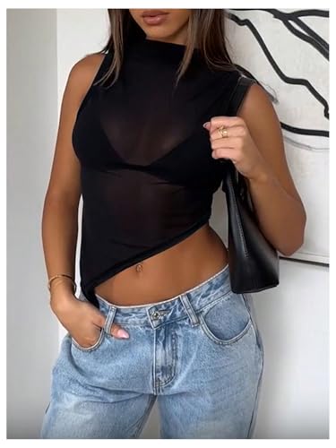 Women's Sheer Mesh Mock Neck Tank Tops Sleeveless Asymmetrical Hem Crop Tops Clubwear4