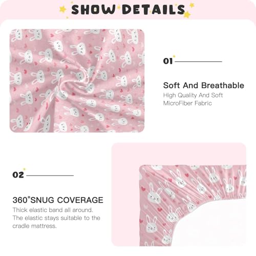Image of Crib Sheet Breathable Soft Crib Mattress Sheet for Baby Toddler Boys Girls Fitted Crib Sheet Fit Standard Crib Mattress 52 x 28 Inch Pink Bunny Hearts
