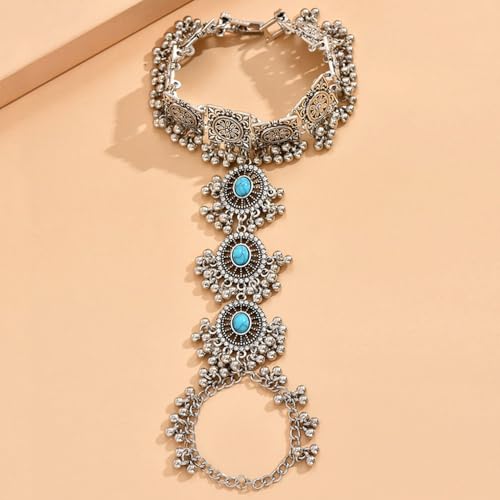Octwine Women Boho Green Turquoise Hand Chain Finger Ring Bracelet Vintage Ring Bracelet for Prom Party Silver Bracelets for Women Finger Chain Bracelet with Pearls Green Boho Bracelet for Women4