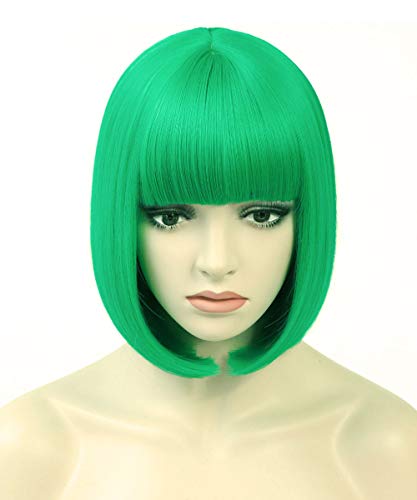 COSYMAY Synthetic Short Wig Green Wig with Bangs 12 inch Bob Wig for Women Cosplay Full Wig Heat Resistant Halloween