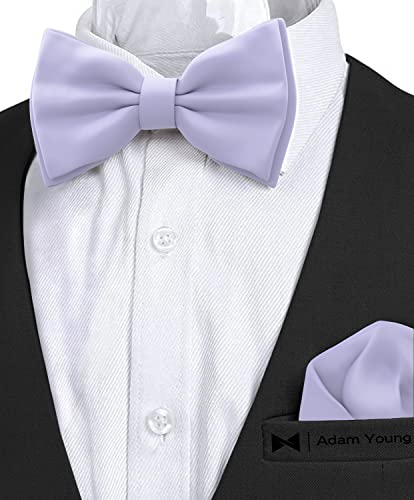 Image of Adam Young Men's Bow Ties with Handkerchief Pre-Tied Style Formal Satin Classic Bowtie for Tuxedo Faux Silk