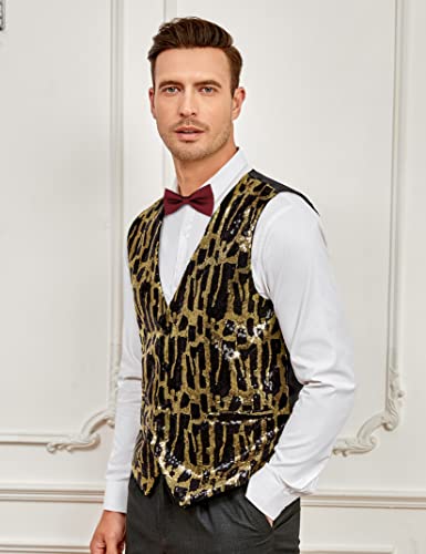 TURETRENDY Men's Shiny Sequins Vest V-Neck Slim Fit Stylish Vest Waistcoat with Pockets for Party Dinner Prom3