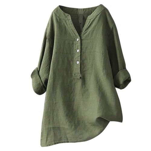 Blusen Tuniken für Damen Leinen Langarmshirt Musselin Bluse Casual Oberteile Große Größen Tops Elegante Button-Down V Ausschnitt Tunika Shirt,Grün,XXL