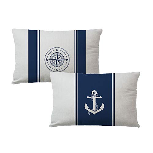7COLORROOM 2Pack Nautical Sailing Throw Pillow Cover Navy Blue with Anchor/Compass Pattern Rectangular/Waist Cushion Cover Ocean Beach Home Decor...