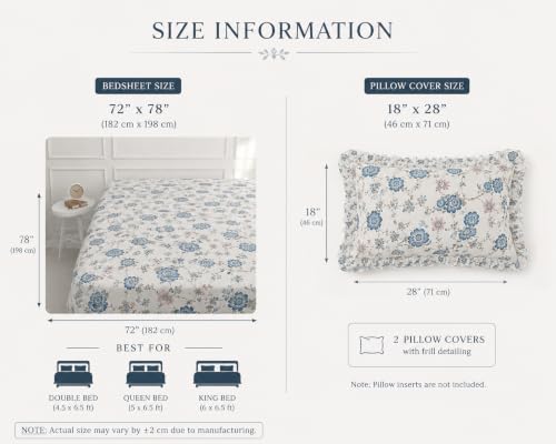 Image of Blue Strip Floral Fitted Bedsheet Set, White and Blue, 182 x 198 cm, with 2 Frill Pillow Covers, Double /Queen /King Bed