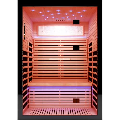 Image of OUTEXER Sauna for 2 Person Far Infrared Saunas 2100W 120V Room Home Canadian Hemlock Indoor Low-EMF Dry Saunas with with Oxygen Bar 7 Color Light 53.1 * 47.2 * 74.8inch