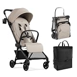 Mompush Nexis Carbon Travel Stroller, Ultra-Lightweight 11.5 lbs, Compact & Airplane Carry-On Approved, One-Second Auto-Fold, One-Hand Full Recline, from Birth to 50 lbs, Travel Bag Included, Khaki