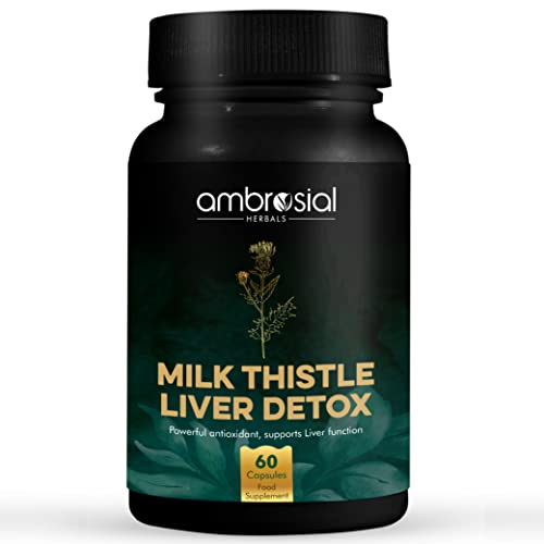 Ambrosial Milk Thistle Liver Detox |Silymarin Milk Thistle Capsules with Dandelion Root & Other Natural Herbs | High Strength Herbal Antioxidant Complex for Liver Support (Pack of 1-60 Capsules)