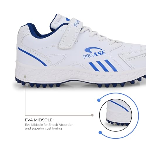 Image of Pro ASE Lightweight Cricket Shoes - Durable & Comfortable | Ideal for Turf, Ground & Hard Surfaces | Allrounder Design with Studs, Velcro & Superior Grip | White, Blue, Grey