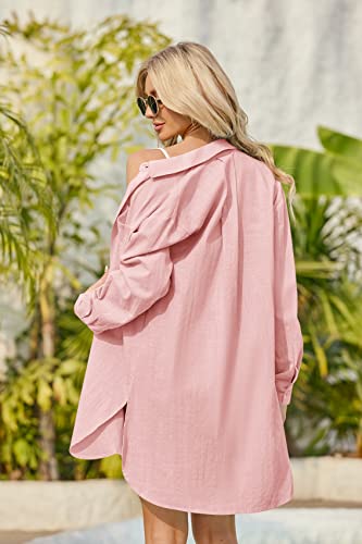 Image of Runcati Womens Button Down Shirts Linen Cotton Long Sleeve Blouse Tunic Tops Cover Up Shirt Loose Beach Bikini Dress