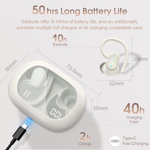 Image of Wireless Earbuds, Bluetooth 5.4 Headphones Sport, Over Ear Buds with ENC Noise Canceling Mic, Deep Bass Stereo Ear Buds with Hook, 50H Playback, LED Display, IP7 Earphones for Workout Running, White