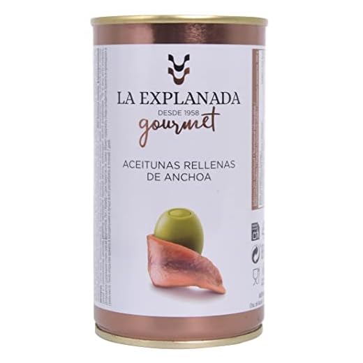 Aceitunas rellenas de anchoa 350 g. La Explanada Gourmet Origen Español formato lata [PACK DE 15 UNIDADES] - Aceitunas Cazorla- Peso neto escurrido 150g