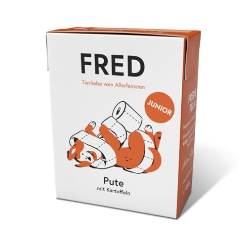 FRED Junior Nassfutter Pute mit Kartoffeln – Monoprotein – 50 % Pute in Lebensmittelqualität – für Welpen & Junghunde – mit Gemüse, Quinoa & Ölen – 390 g Tetra Pak