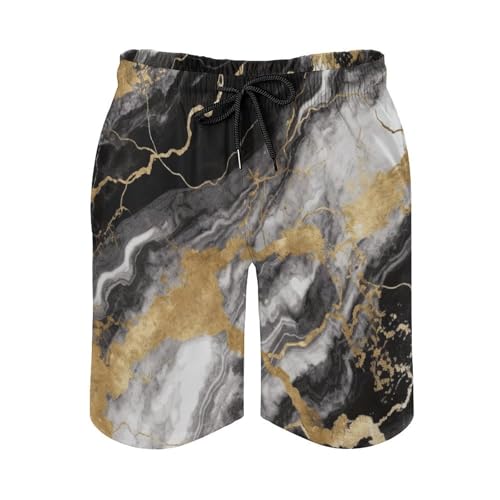Men's Swim Trunks Black White Gold Foil Marble Quick Dry Beach Shorts Mesh Lined Swimming Shorts with Pockets3