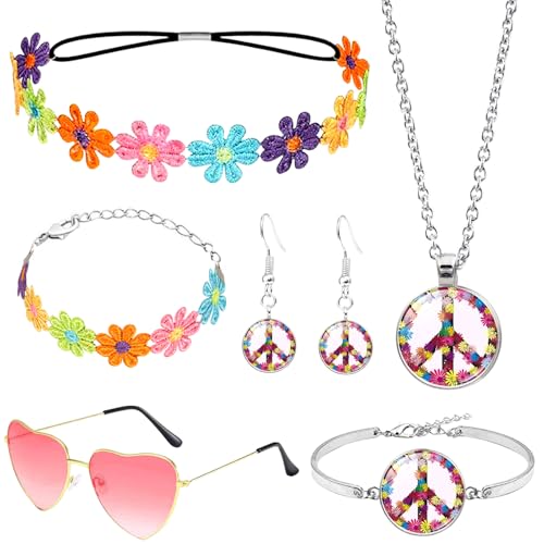 6 acessórios de fantasia hippie, acessórios vintage dos anos 70, acessórios de flores com margaridas, toucado para o amor, óculos de paz, brincos para mulher, carnaval, festas temáticas, Tamanho único