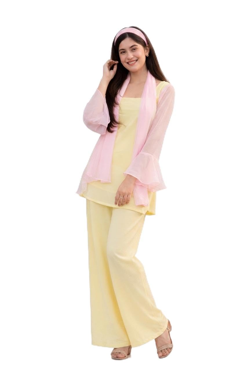 Women's Yellow Co-ord Set with Pink Sleeve,Dupatta and Ribbon-image-19