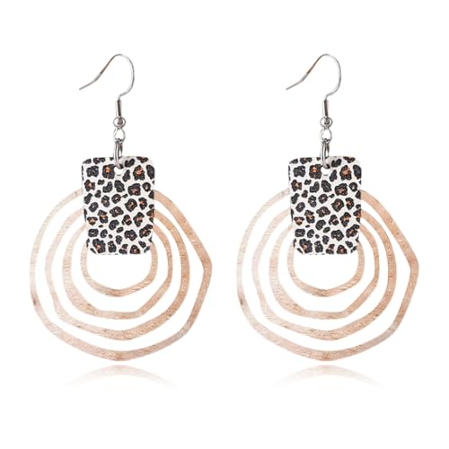 Wooden Geometry Circle Earrings for Women Bohemian Vintage Lightweight Wood Dangle Earrings Handmade Multilayer Earrings (Style A)