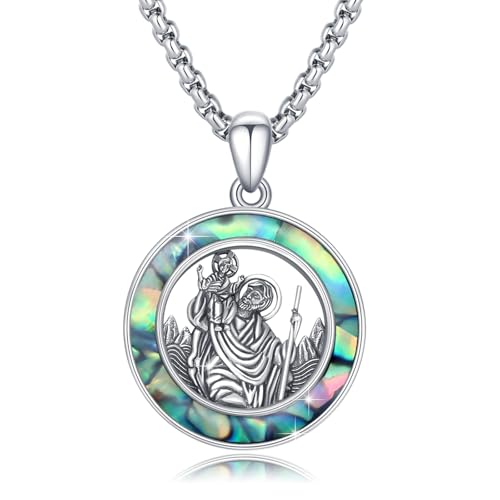 Cuoka St Christopher Necklace Sterling Silver Abalone Saint Christopher Pendant Necklaces St.Christopher Medal Religious Protection Protect Us Holy Amulets Jewelry Gifts for Men Father