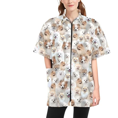 COWCUTE Pomeranian Print Dog Grooming Jackets, Waterproof Smock Jacket for Pet Groomers Barbers, Gifts for Pomeranian Lover