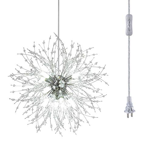 HMVPL Modern Chandeliers with Plug in Cord, Crystal Sputnik Firework Swag Hanging Lights LED Pendant Lighting Fixtures Chrome for Bedroom Kitchen Island Entryway Dining Room Hallway