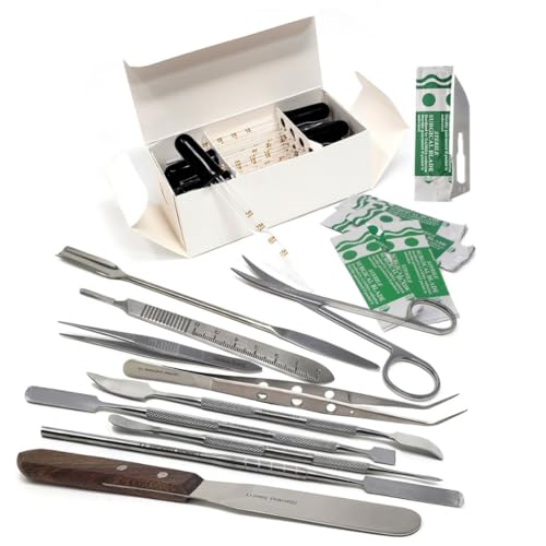 32Pcs Multipurpose Scientific Lab Tools Pack for Basic Starter Research Laboratory Kit with Stainless Steel Sampling Spoon Scoop Spatulas, Forceps, Pipette Droppers, Scissors, Scalpel Handle & Blades