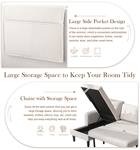 Modern Pull Out Sleeper Sofa Bed With Chaise, Comfy L Shaped Convertible Sleeper Couch With Storage And Pocket, Sectional 3 Seat Couch For Living Room Furniture Or Home Office, Tufted Back - Beige #TOP3
