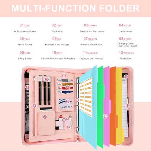 Leathario Portfolio Binder, Includes 5 Folder Index Dividers, 13 Inch Tablets Organizer with Handle, Vegan Leather A4 Padfolio, Multi-Pocket Notepad Business Planner Professional Document by Leathario - Image 5