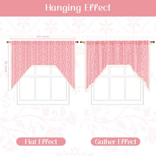 Image of Yinhua Boho Swag Valance Curtains Vintage Linen Valances for Windows Light Filtering Floral Kitchen Valance Rod Pocket Farmhouse Rustic Tassel Window Valances for Bathroom Cafe, 60 inch W x 36 inch L, Pink