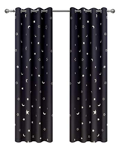 Silver Star Moon Print Curtains for Kids Room Energy Efficent Thermal Insulated Blackout