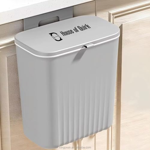 Image of House of Quirk Plastic Hanging Trash Can With Lid, Double-Sided Open Design, Cabinet Door Hanging Wall Storage Bucket for Kitchen (9 Litre Grey)